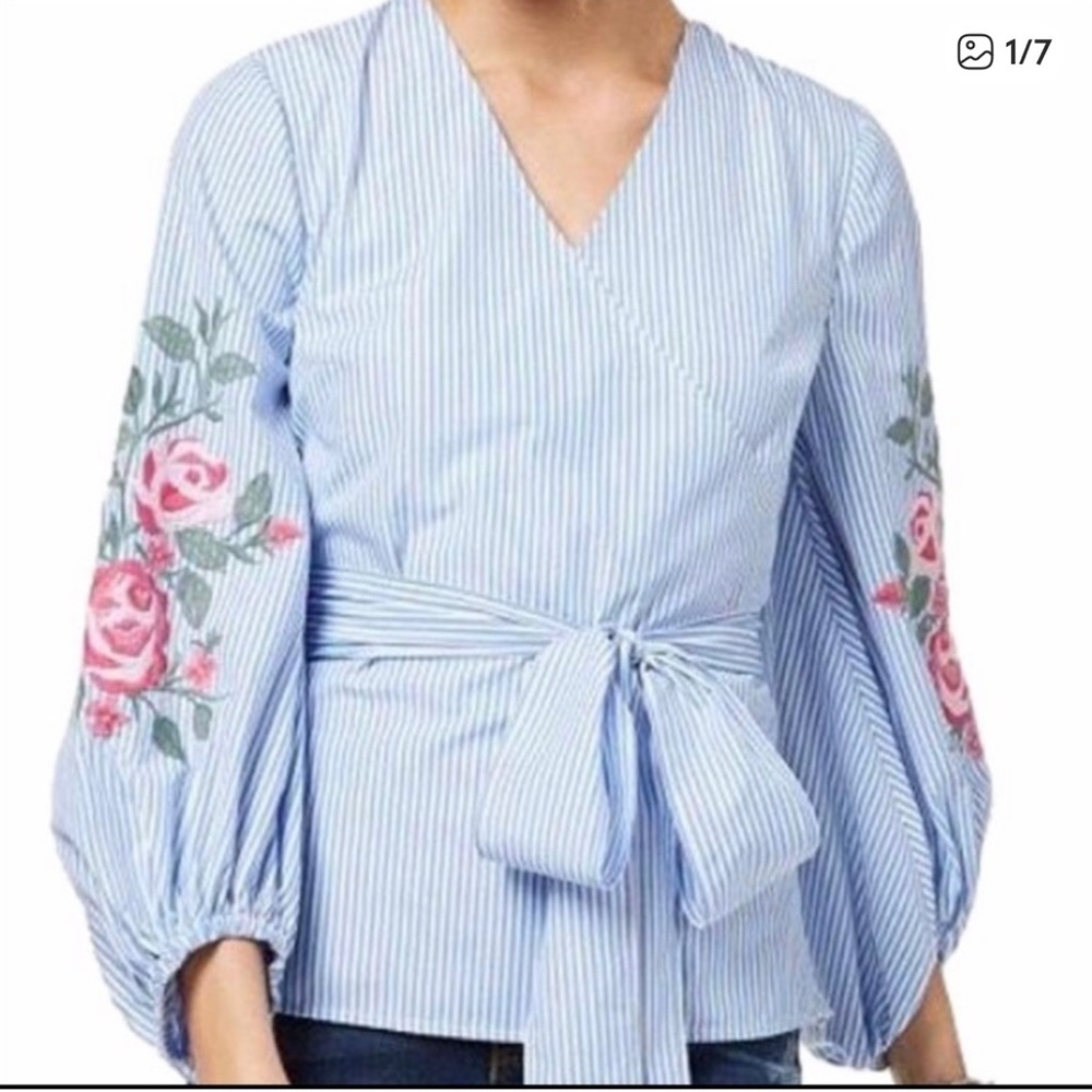 INC International Concepts Blue Striped Blouse with Pink Floral Embroidery